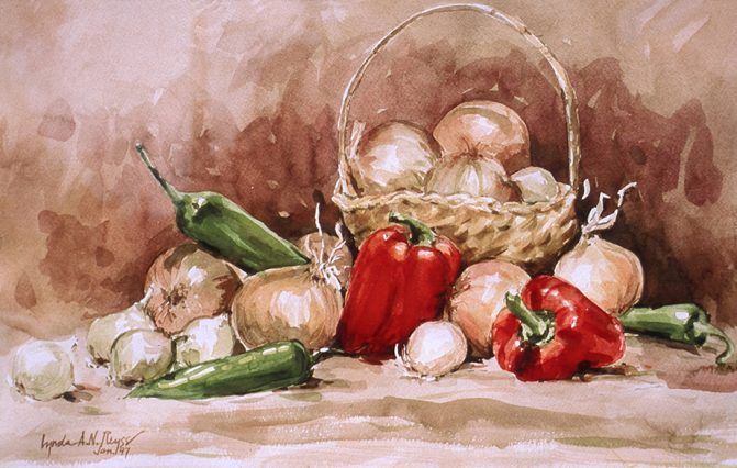 still life of onions and red peppers