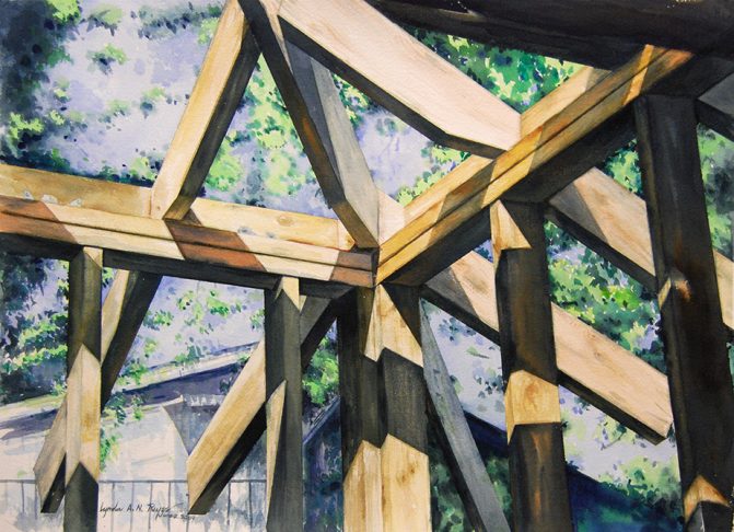 painting of wood house framing under construction