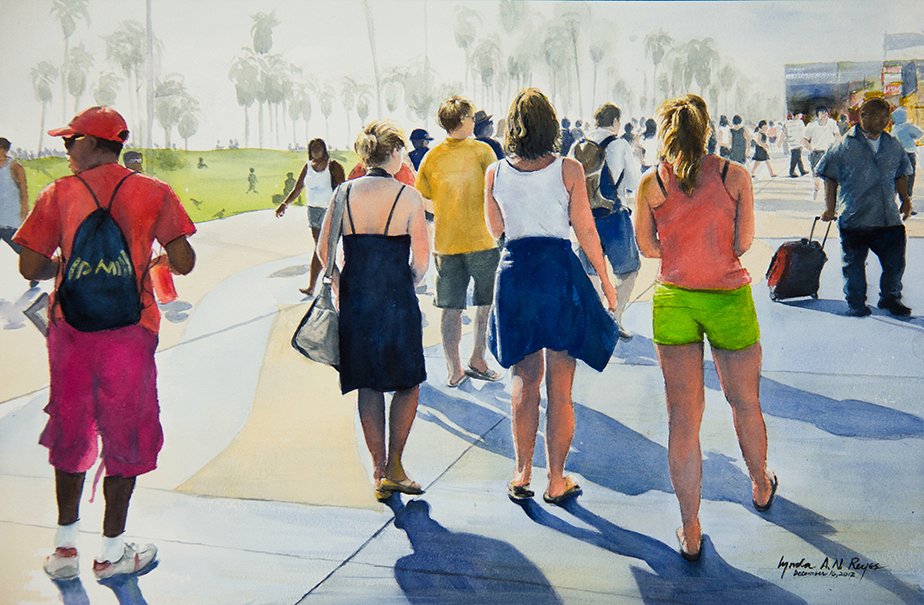 watercolor painting of multiple people walking down a sidewalk