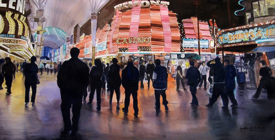 watercolor painting of a las vegas casino with silhouetted people in the foreground