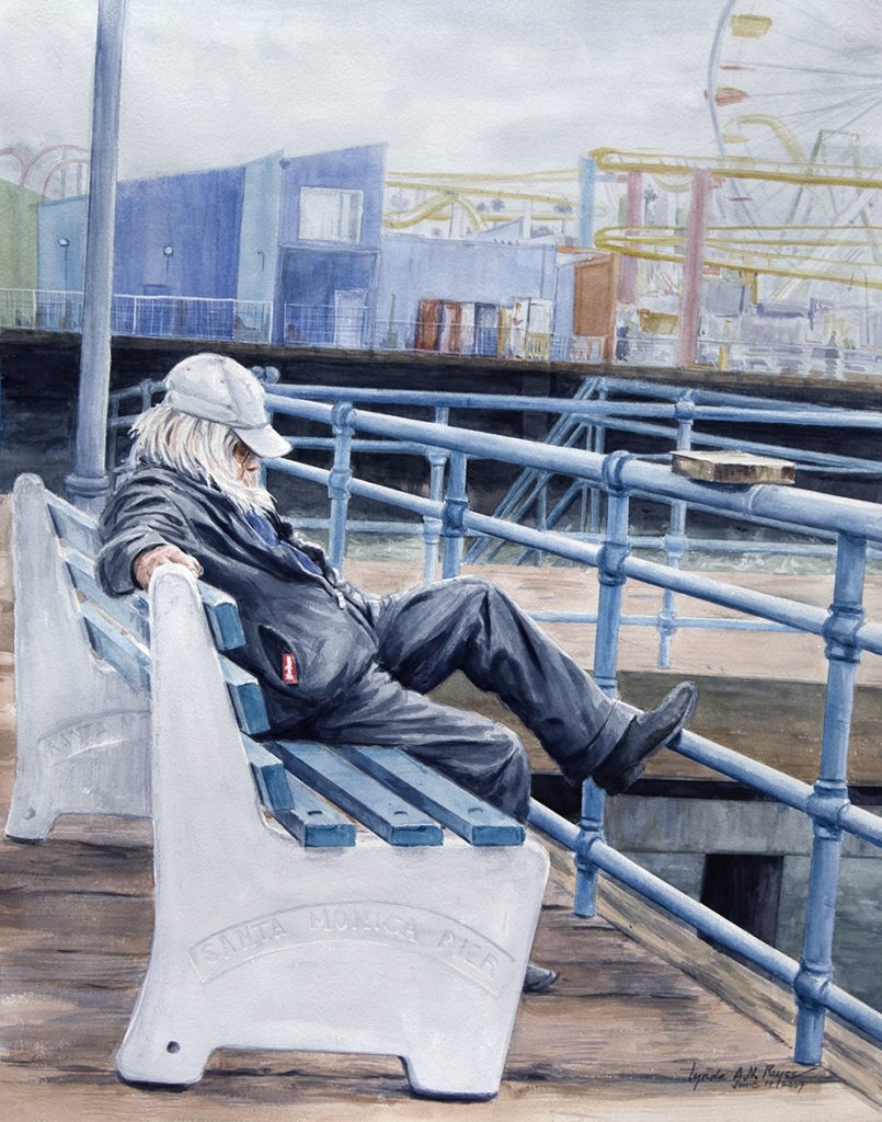 older man seated on a bench at a pier