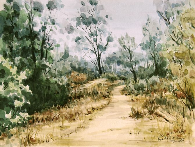 watercolor painting of trees and a path